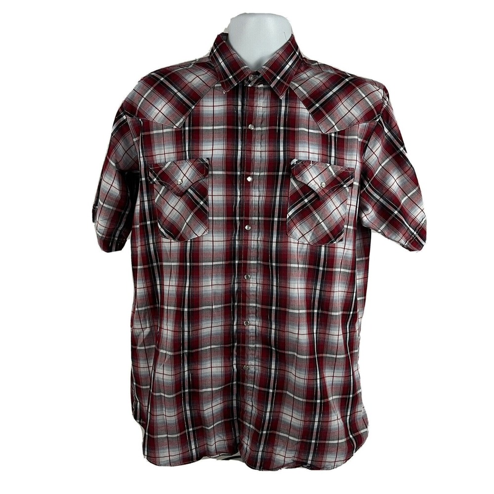 Ely Plains Western Plaid Farmer Shirt Pearl Snaps Men's Size Large Rodeo Cowboy